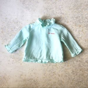 Heimstone x Catimini Baby Girl 12M Linen Bon Appetit Ruffle Blouse Blue Top